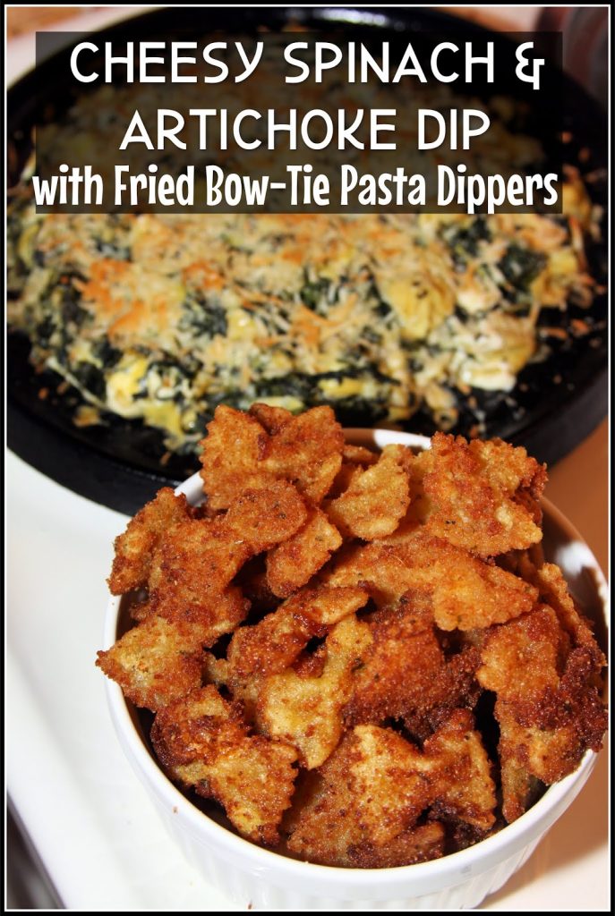 Cheesy Spinach and Artichoke Dip with Fried Bow-Tie Pasta Dippers