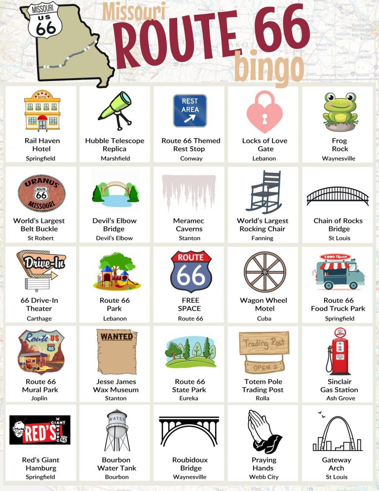 Missouri Route 66 Road Trip Bingo Game Free Printable For the Love
